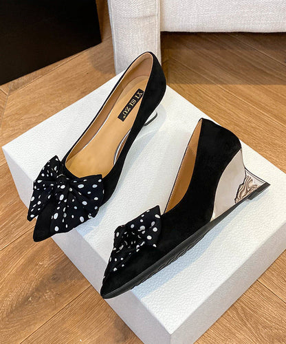Splicing Wedge Toe Black Pointed Bow Suede Shoes Women