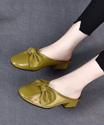 Chunky Leather Cowhide Bow Slide Yellow Women Tulle Splicing