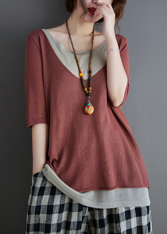 Brick Women Red Patchwork Tanks Knit Summer