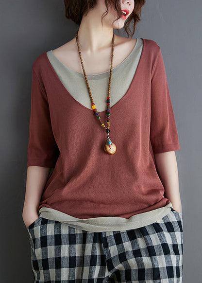 Brick Women Red Patchwork Tanks Knit Summer