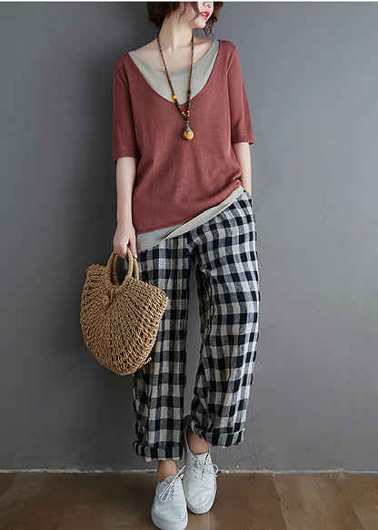 Brick Women Red Patchwork Tanks Knit Summer