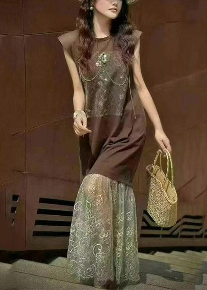 Brown Women Patchwork Lace Dresses Backless Straight Sleeveless