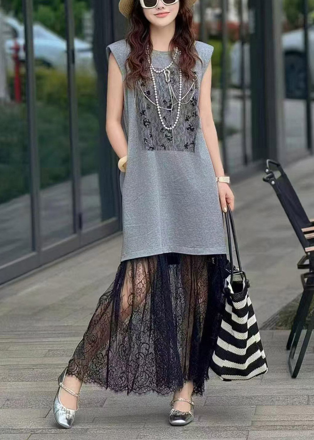 Brown Women Patchwork Lace Dresses Backless Straight Sleeveless