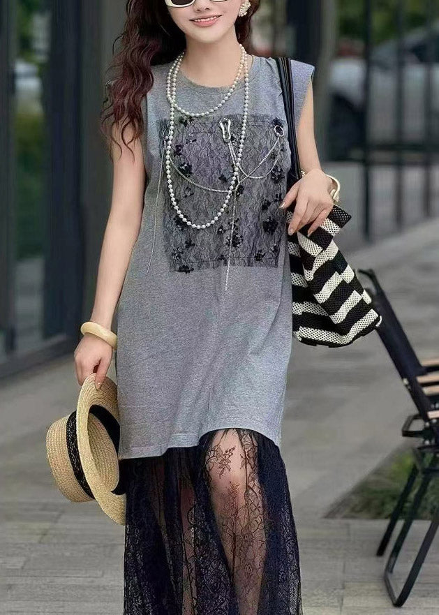 Brown Women Patchwork Lace Dresses Backless Straight Sleeveless