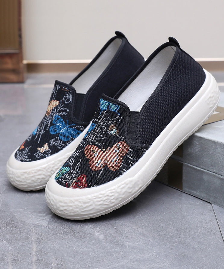 Fabric Women Embroidered Black Flats Cotton Casual