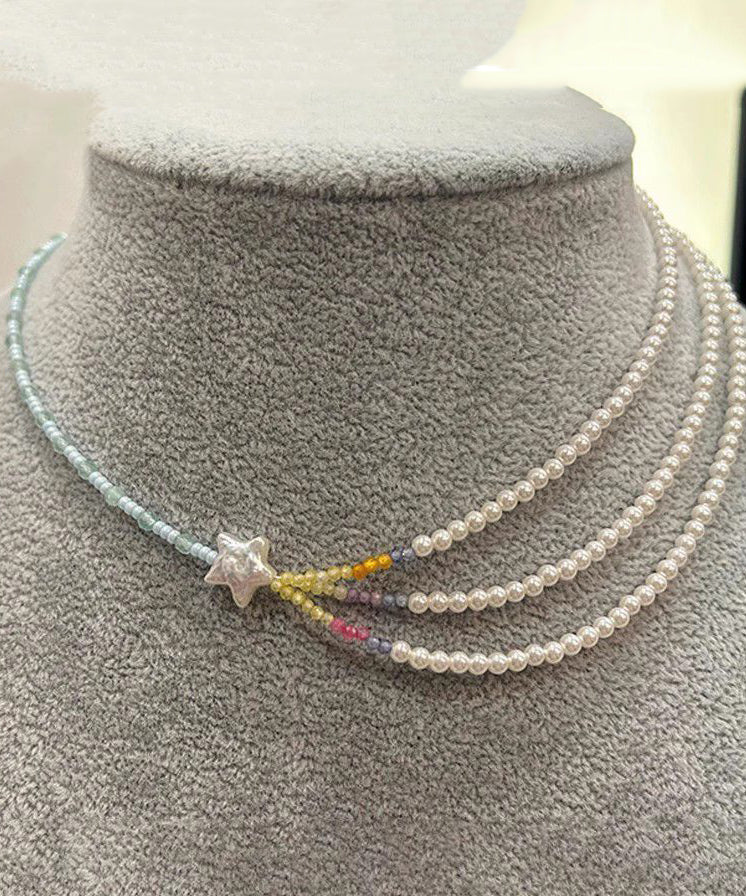 Layered Pearl Women Bead Beads Star Colorblock Gratuated Necklace