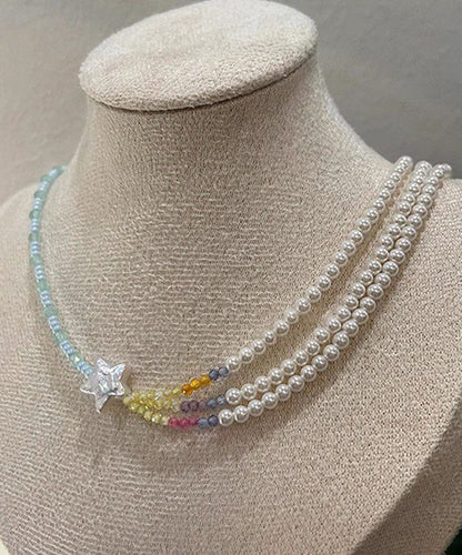 Layered Pearl Women Bead Beads Star Colorblock Gratuated Necklace