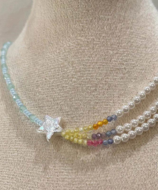 Layered Pearl Women Bead Beads Star Colorblock Gratuated Necklace