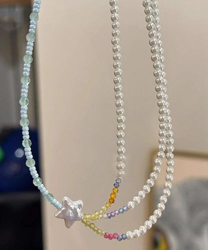 Layered Pearl Women Bead Beads Star Colorblock Gratuated Necklace