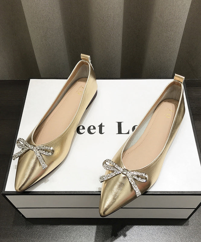 Pointed Splicing Shoes Comfy Flat Faux Leather Women Gold Bow Toe
