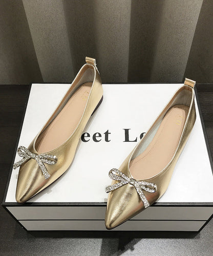 Pointed Splicing Shoes Comfy Flat Faux Leather Women Gold Bow Toe