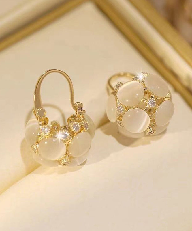 Women Gold Sterling Silver Overgild Cat Eye Stone Flower Basket Hoop Earrings WH025