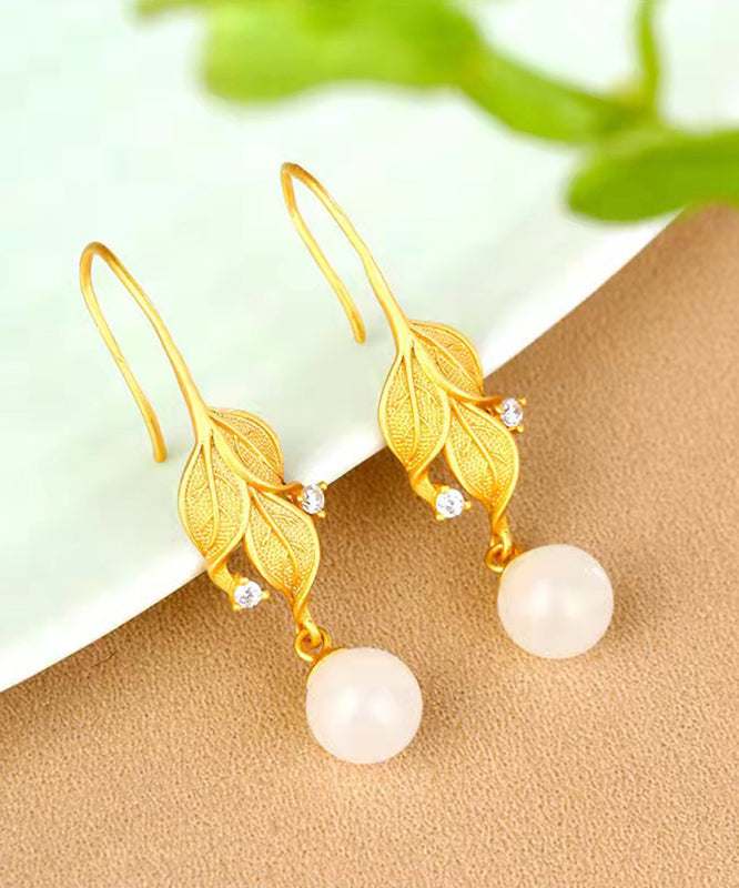 Women Gold Sterling Silver Overgild Zircon Jade Leaf Drop Earrings QQ075