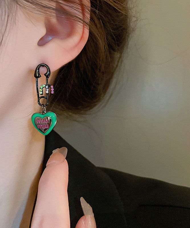 Graphic Drip Love Glaze Drop Zircon Women Earrings Alloy Green