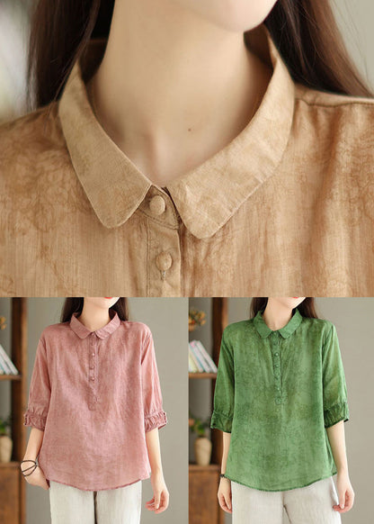 Women Green Button Print Linen Shirt Summer GG052