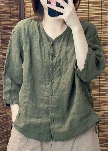 Summer Shirt Neck O Women Linen Button Green
