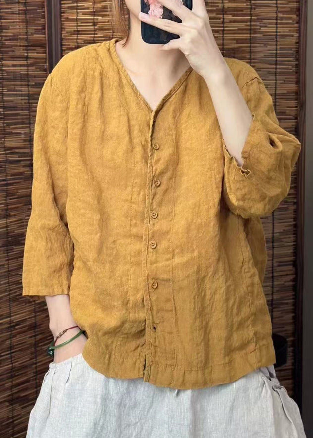 Summer Shirt Neck O Women Linen Button Green