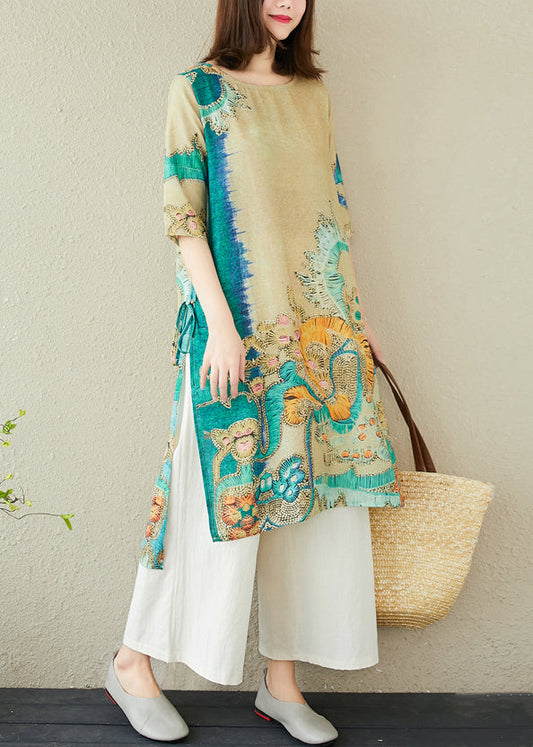 Oversized Print Summer Dress Linen Green Women