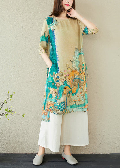Oversized Print Summer Dress Linen Green Women