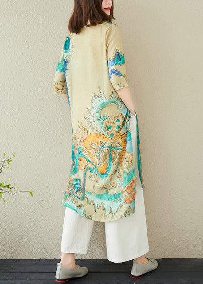 Oversized Print Summer Dress Linen Green Women