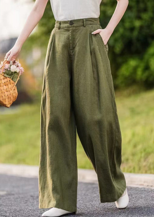 Summer Pants Straight Pockets Women Green Linen