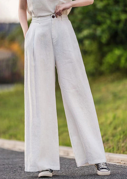Summer Pants Straight Pockets Women Green Linen
