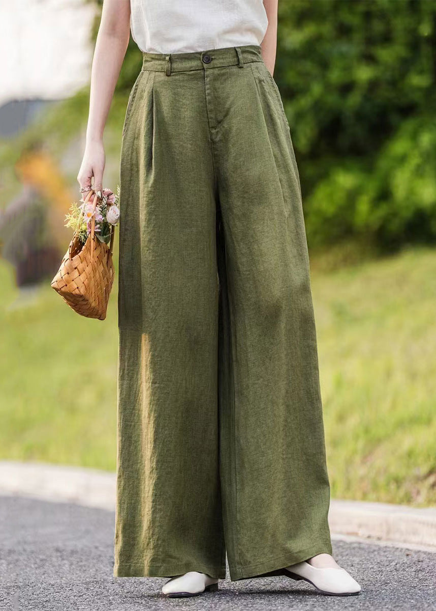 Summer Pants Straight Pockets Women Green Linen