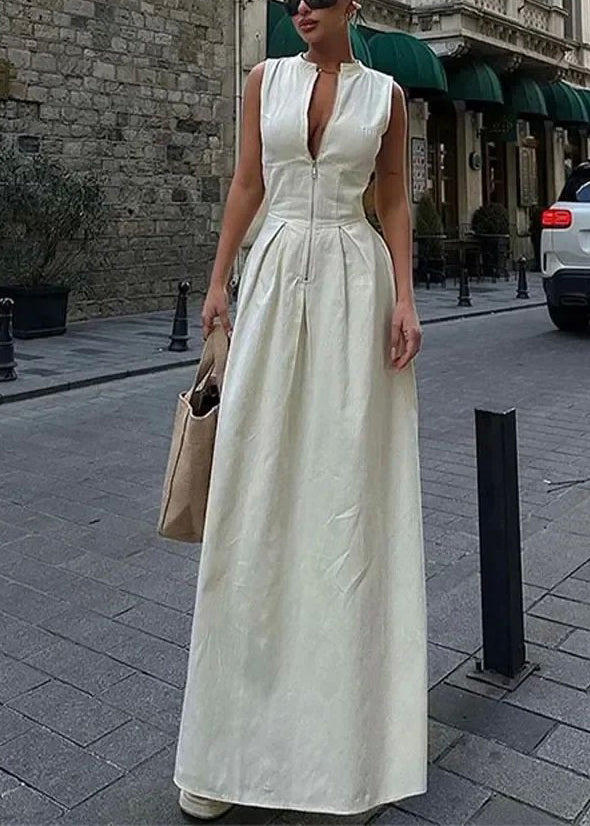 Pleated Slim Women Sleeveless Maxi Round Green Collar Dress