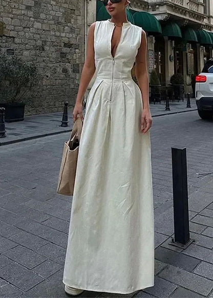 Pleated Slim Women Sleeveless Maxi Round Green Collar Dress