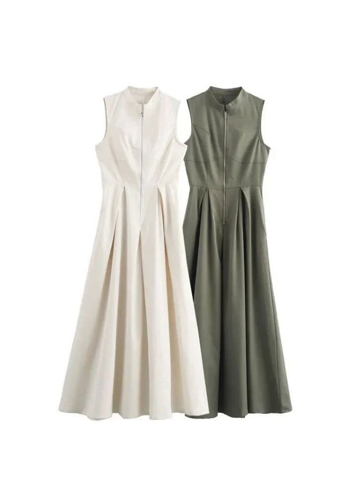 Pleated Slim Women Sleeveless Maxi Round Green Collar Dress