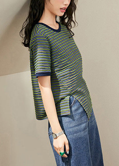 Women Green Striped Side Open Knitting Cotton T Shirt Summer TU003