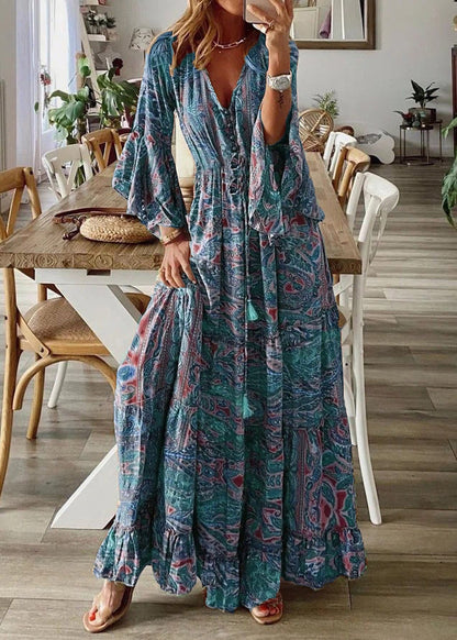 Sleeve Maxi Print Green Dresses V Flare Neck Cotton Women