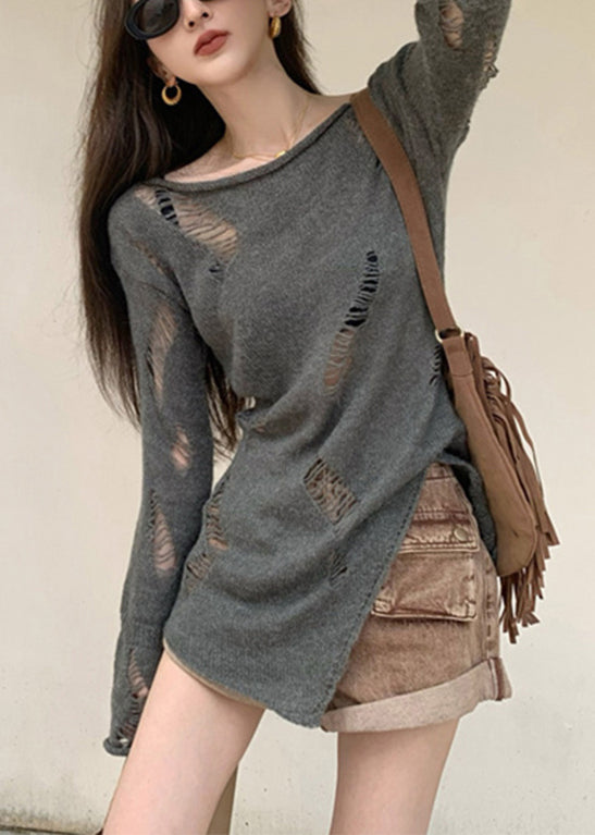 Hollow Spring Asymmetrical Knit Sweater Out Grey Women