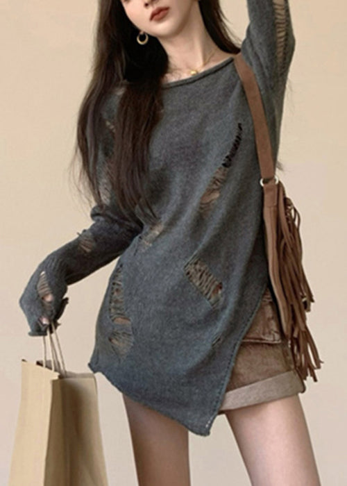 Hollow Spring Asymmetrical Knit Sweater Out Grey Women