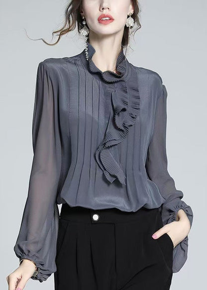 Women Grey Shirts Ruffled Patchwork Spring Chiffon Blue