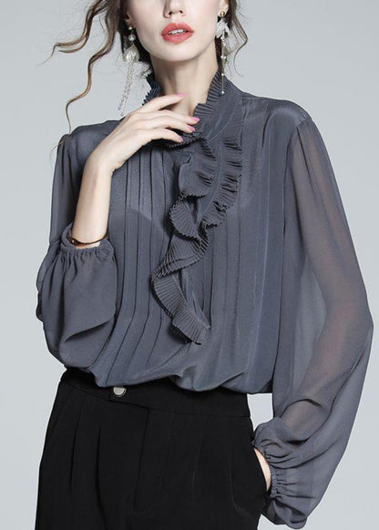 Women Grey Shirts Ruffled Patchwork Spring Chiffon Blue
