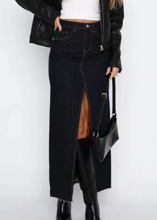 Side Open Skirts Grey Summer Women Waist Denim High