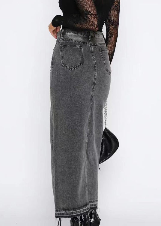Side Open Skirts Grey Summer Women Waist Denim High