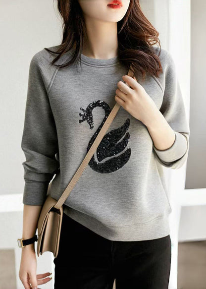 Women Sweatshirt Neck O Sequins Spring Grey Cotton