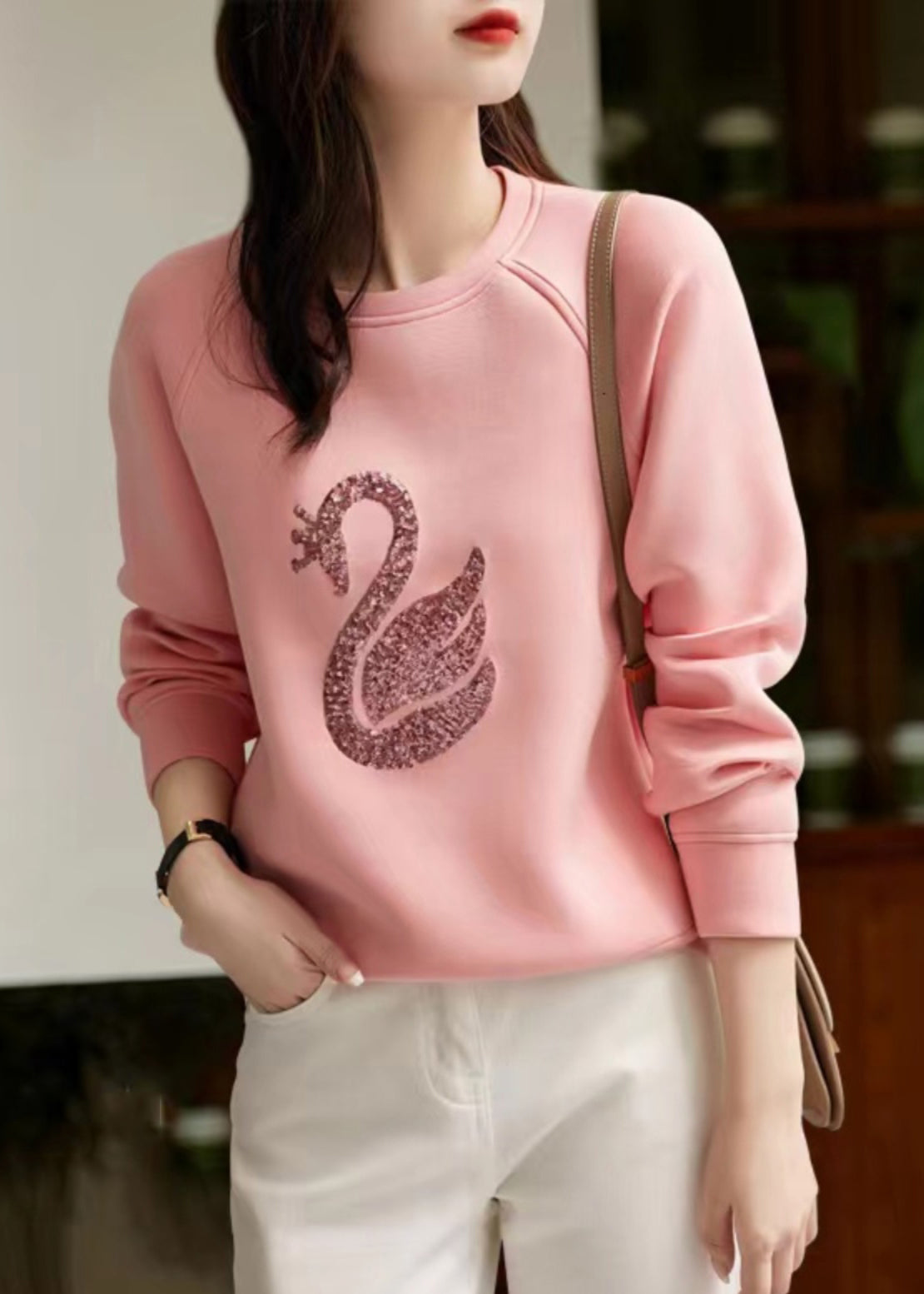 Women Sweatshirt Neck O Sequins Spring Grey Cotton