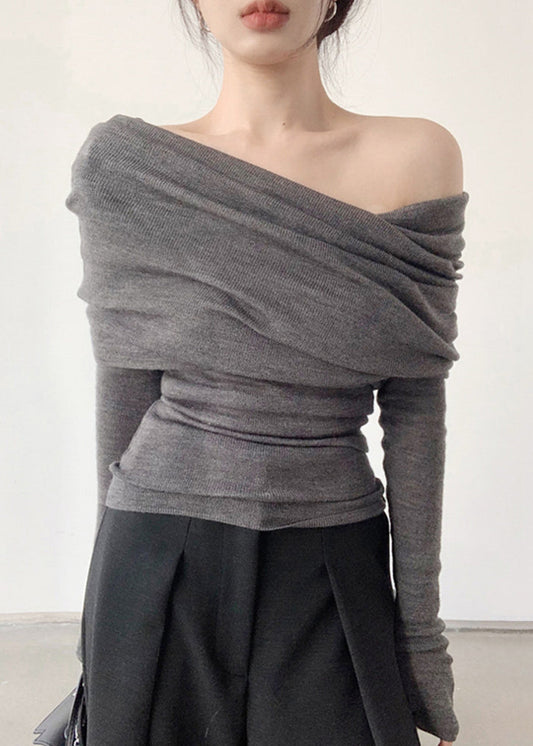 Top Neck Grey Slash Solid Wrinkled Women Spring Knit