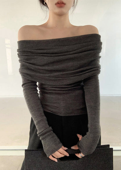 Top Neck Grey Slash Solid Wrinkled Women Spring Knit