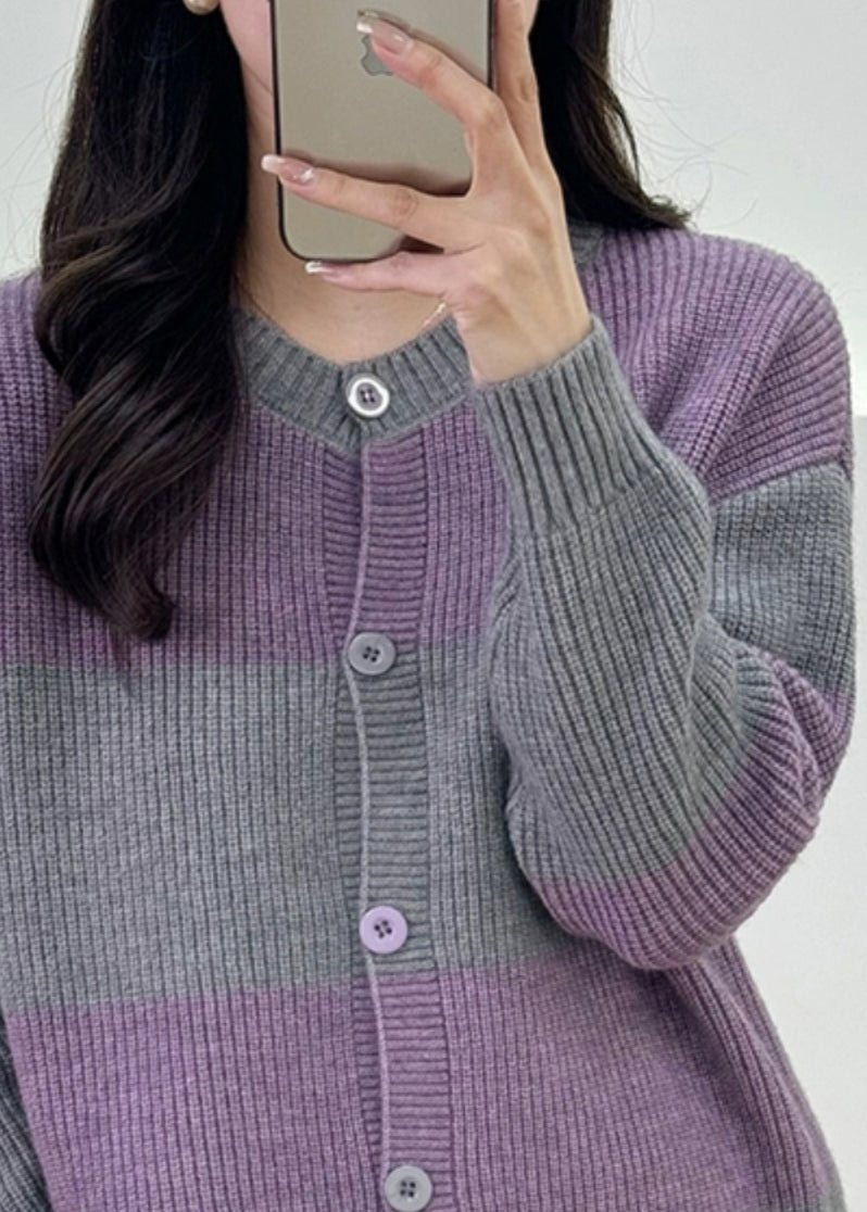 Women Grey Striped Button Knit Cardigan Fall QG013