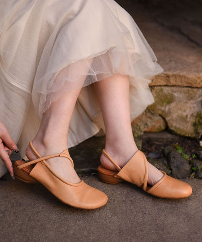 Leather Water Out Beige Cowhide Sandals Hollow Women