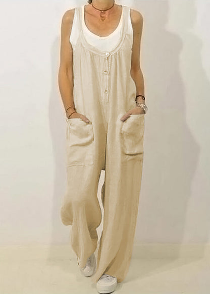 Solid Khaki Jumpsuits Button Women O-Neck Sleeveless