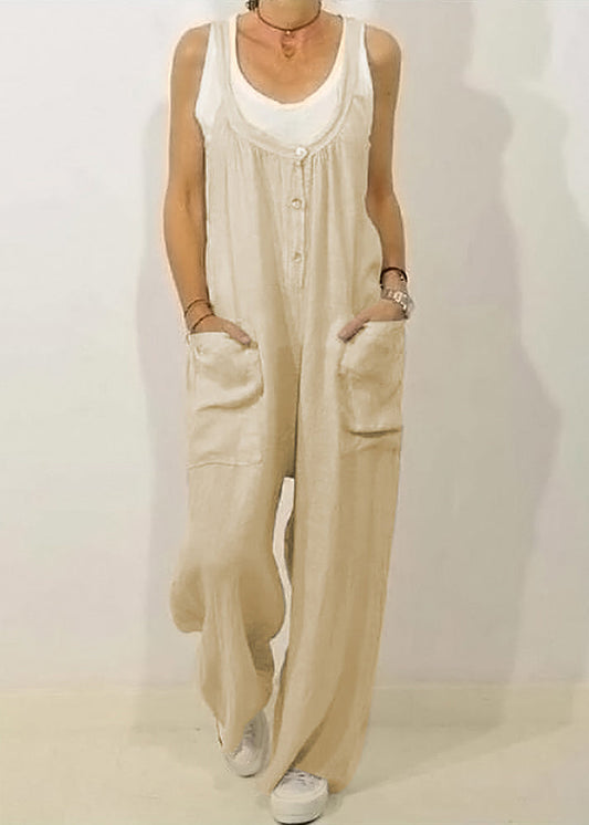 Solid Khaki Jumpsuits Button Women O-Neck Sleeveless