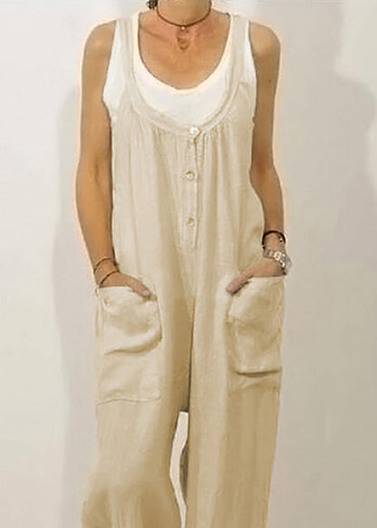 Solid Khaki Jumpsuits Button Women O-Neck Sleeveless