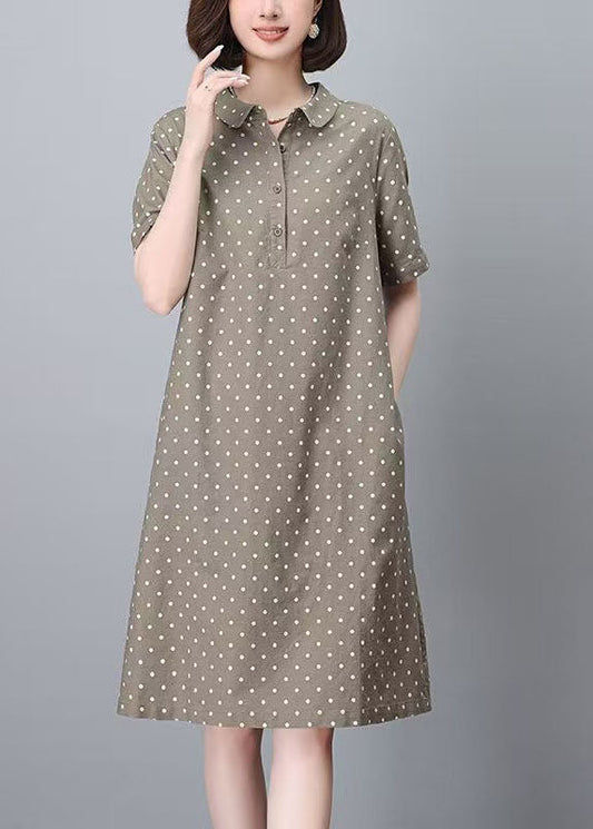 Women Dress Summer Work Peter Pan Dot Collar Print Khaki