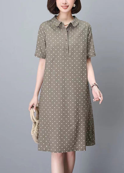 Women Dress Summer Work Peter Pan Dot Collar Print Khaki
