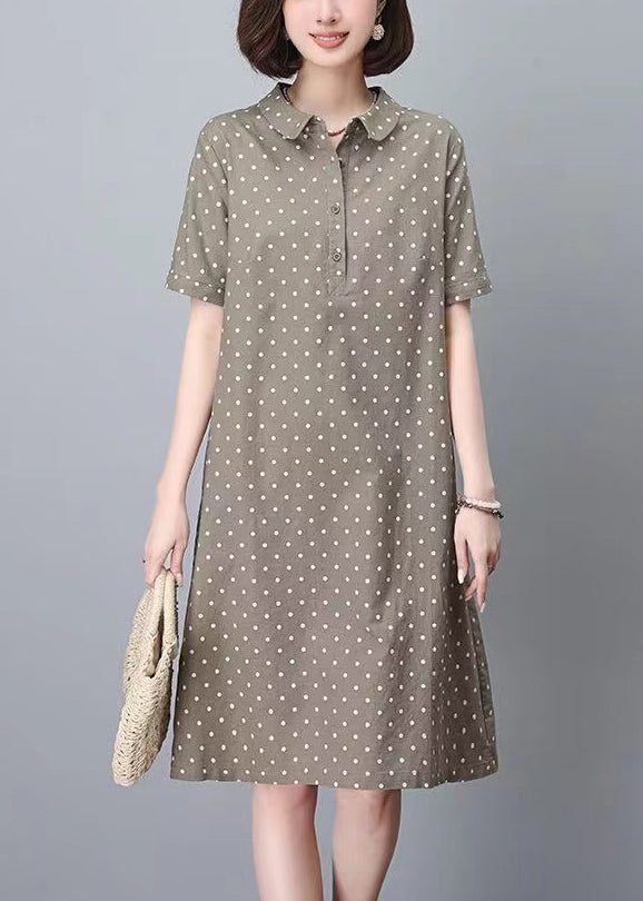 Women Dress Summer Work Peter Pan Dot Collar Print Khaki